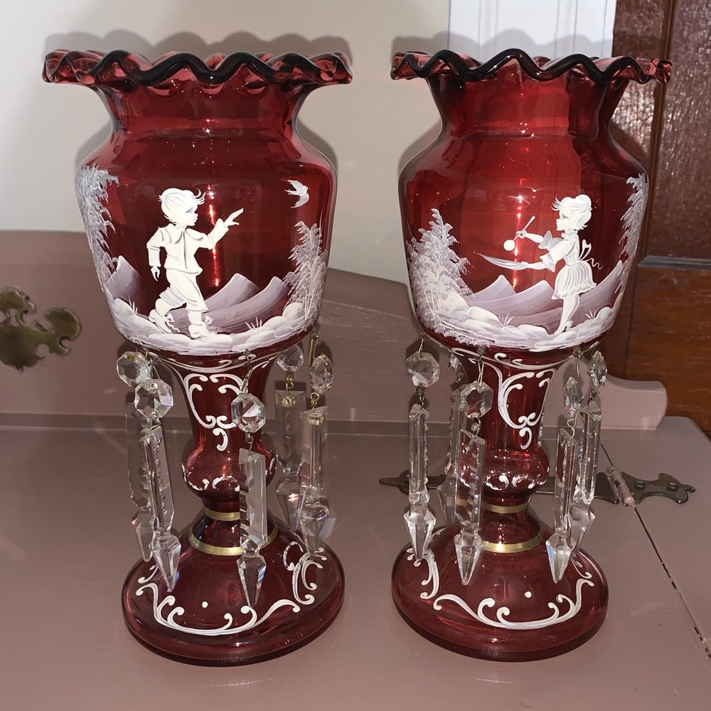 Victorian Mary Gregory Cranberry Glass Mantle LUSTRE Vases